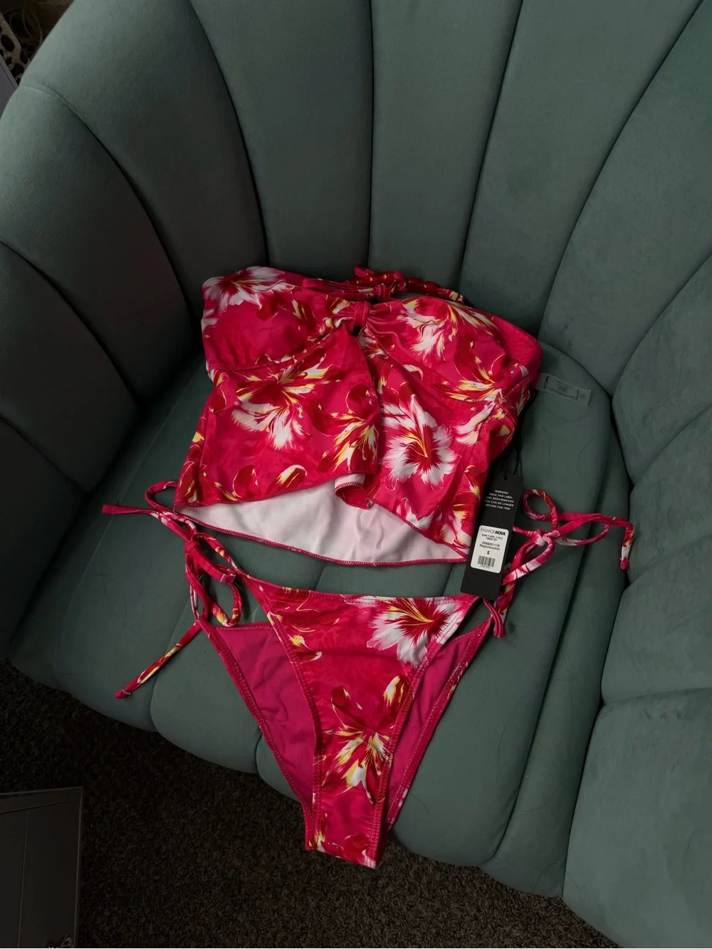 Fashion Nova Hot Pink Floral Bandeau Bikini Set